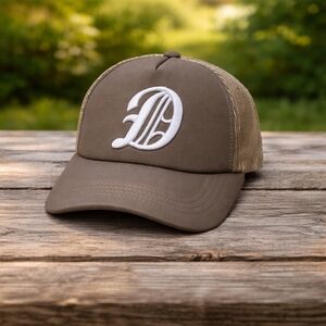 Men's Trucker Cap with White Embroidered "D" Logo Mesh Back Adjustable Hat Khaki